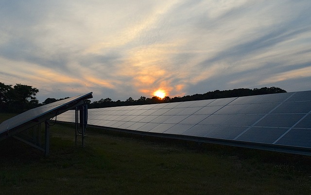 Panneaux solaires au sol avec coucher de soleil