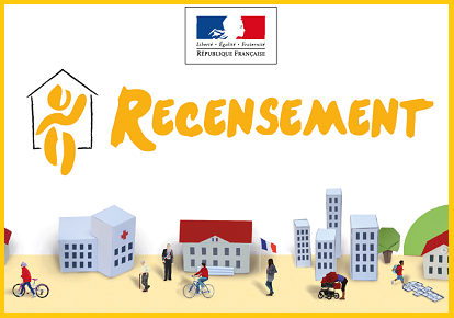 Recensement. Logo république française, habitations et personnages